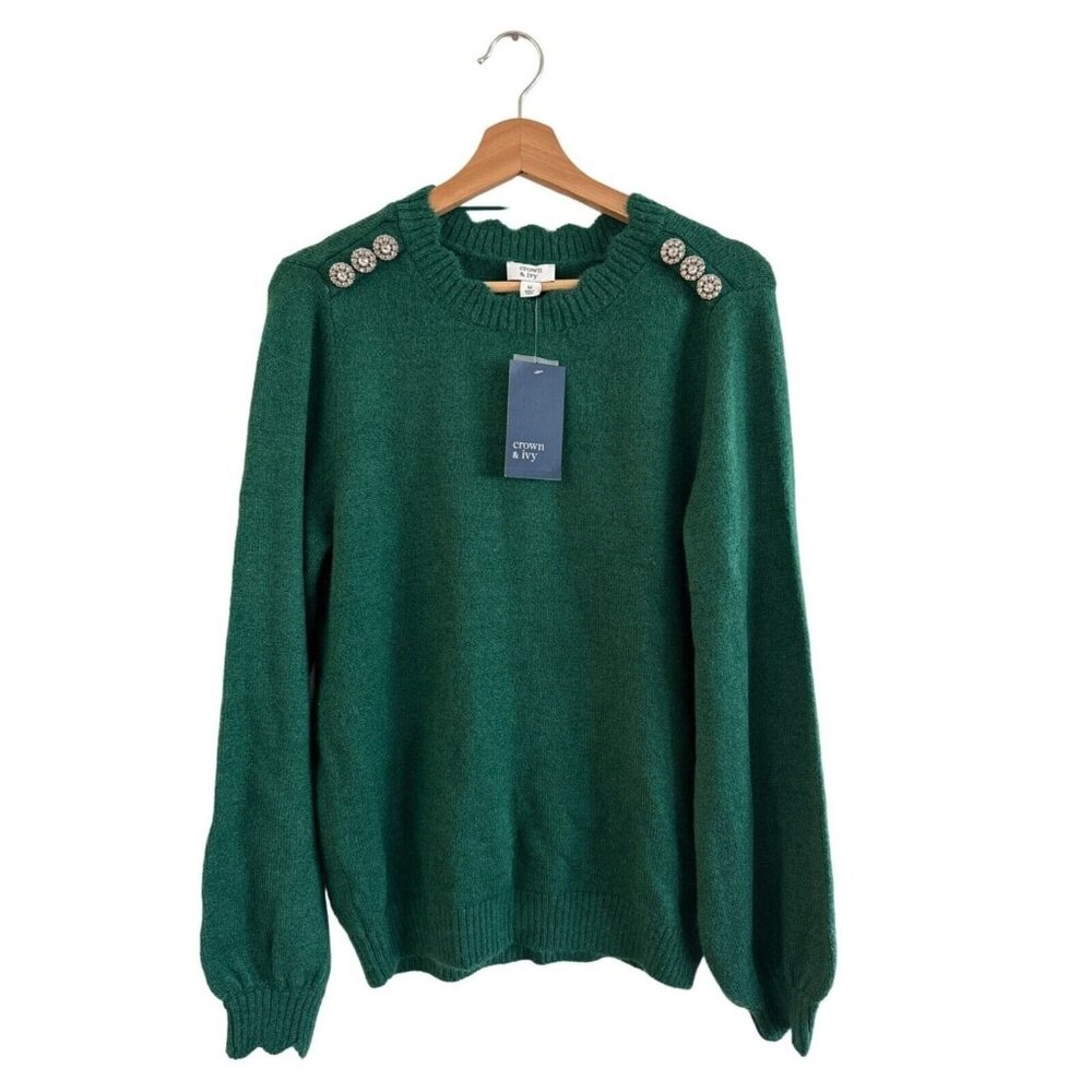 Crown & Ivy Womens Green Sweater With Embellished Shoulders & Tags